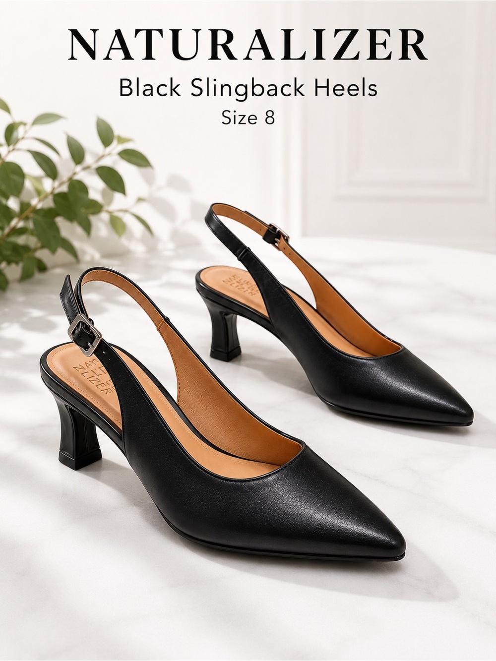 Naturalizer Slingback Heels Size 8 Black Pointed Toe Classic Pumps